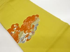 塩瀬金駒刺繍手描き雲取りに家屋・松竹・菊模様名古屋帯